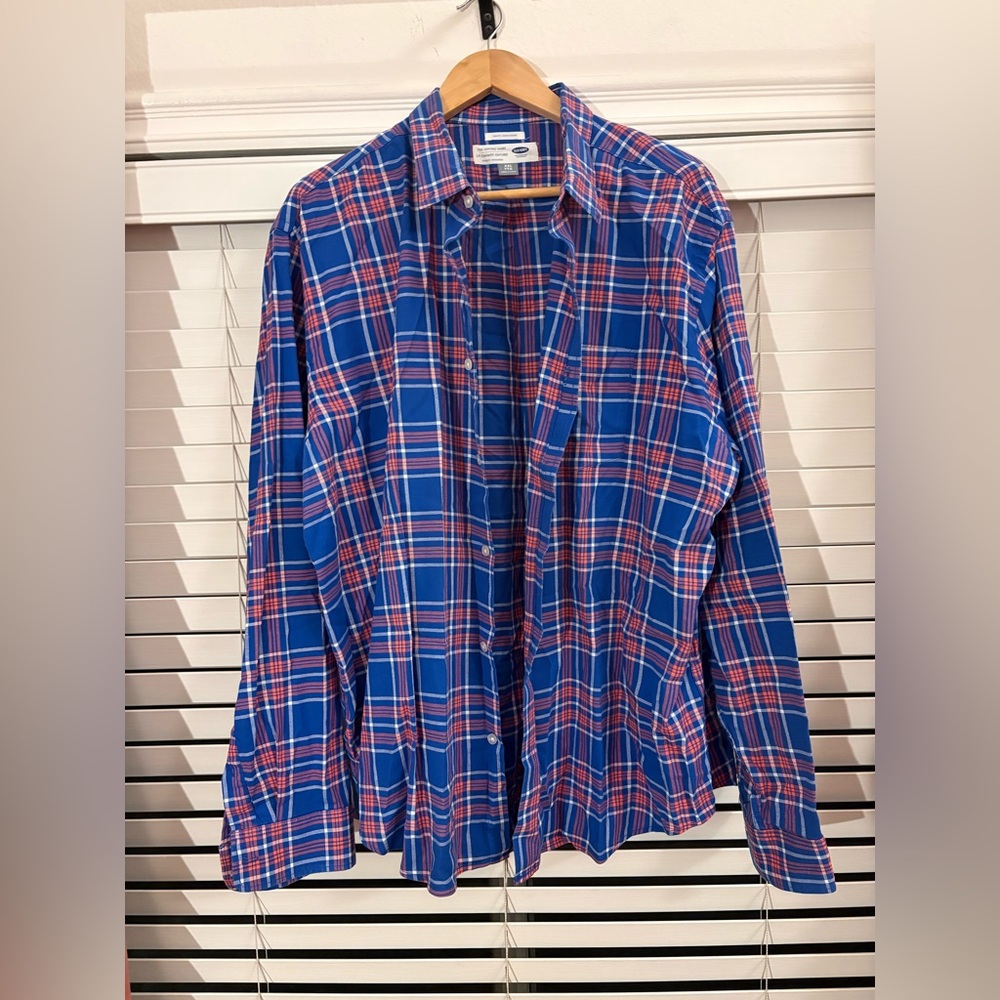 Mens Blue/Orange Plaid Button Down Shirt
